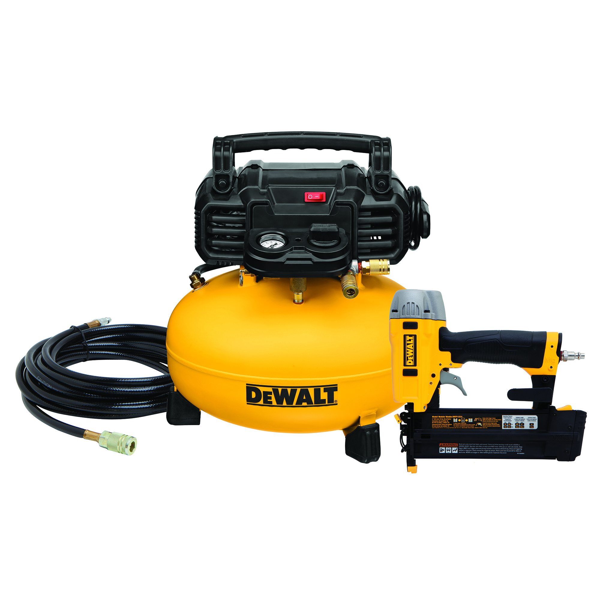 DEWALT 6 Gallon 165 PSI Pancake Air Compressor with 18-Gauge Brad Nailer and Black Air Hose Combo Kit, Model# DXCM1KIT-B